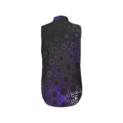 Bow Tie V Neck Sleeveless Blouse Black and Purple Abstract