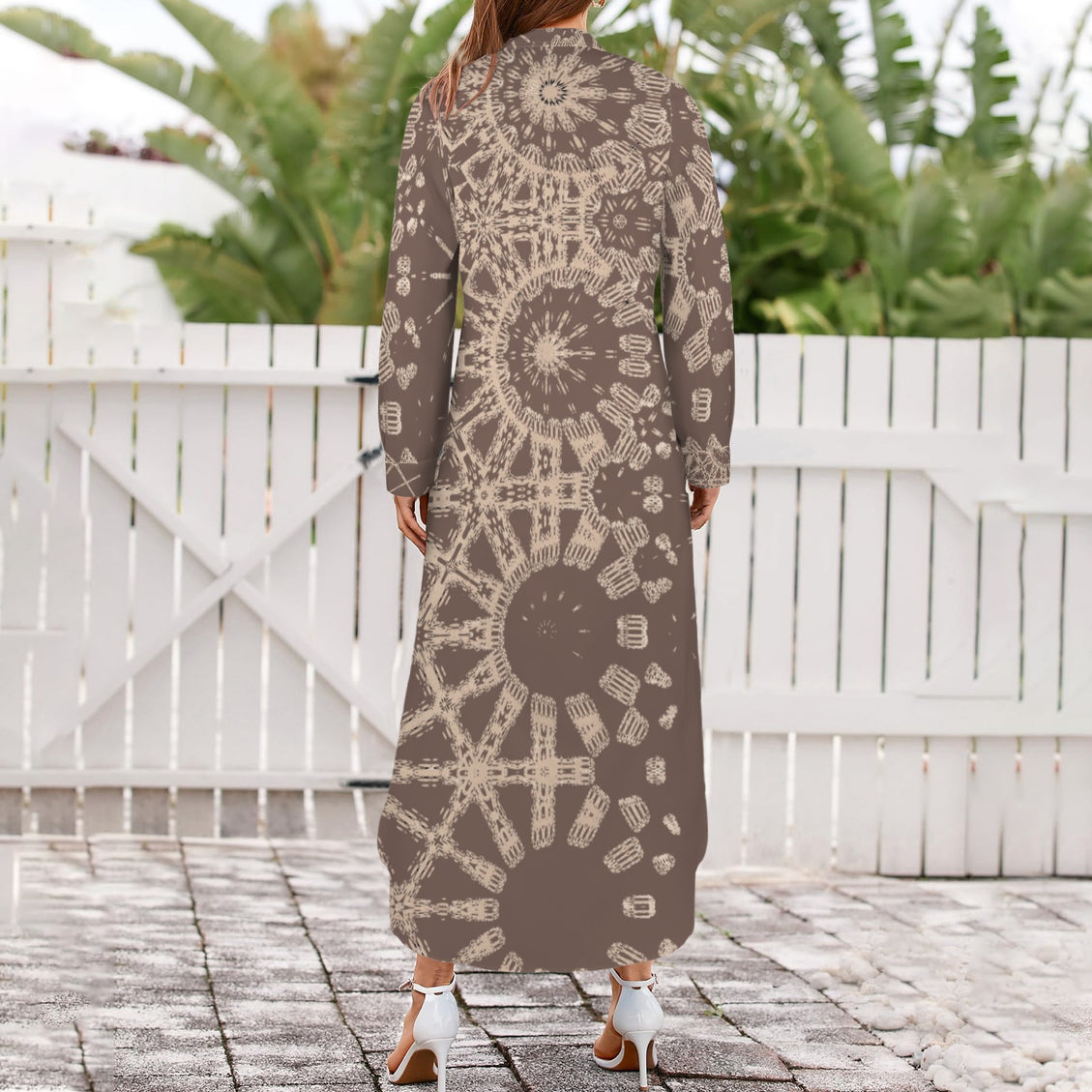 Long Sleeve Shirt Dress Brown Taupe Graphic