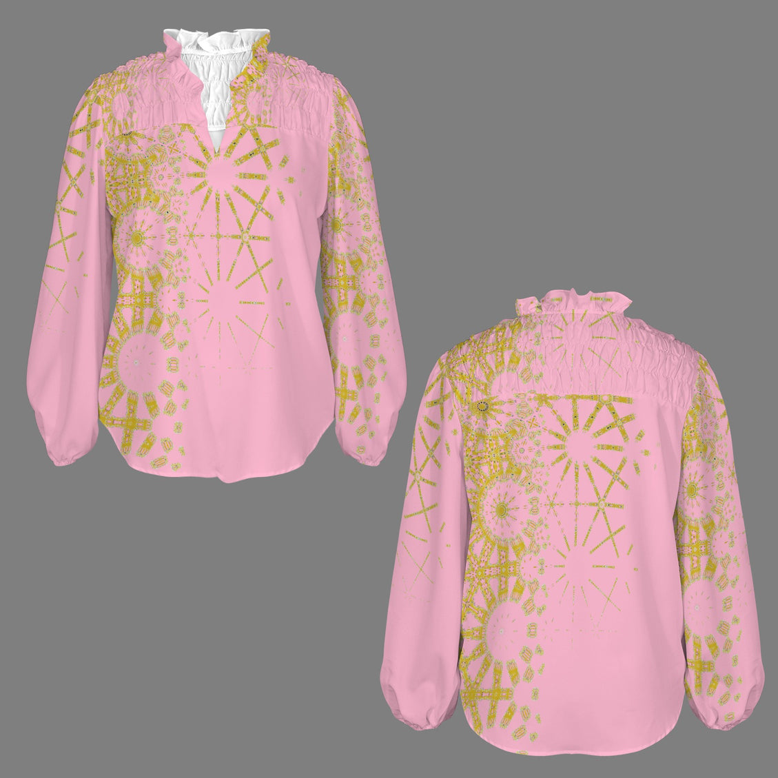 V Neck Long Sleeve Blouse Pink and Gold Graphic