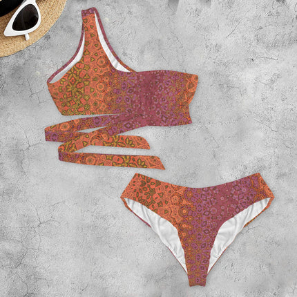 One Shoulder Asymmetrical Bikini Fall Leaves Abstract