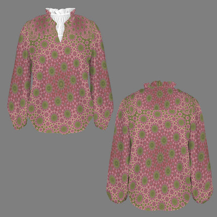 V Neck Pleated Long Sleeve Cactus in Bloom Medallion