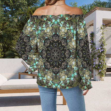 Off Shoulder Lantern Sleeve Blouse Blue Algae