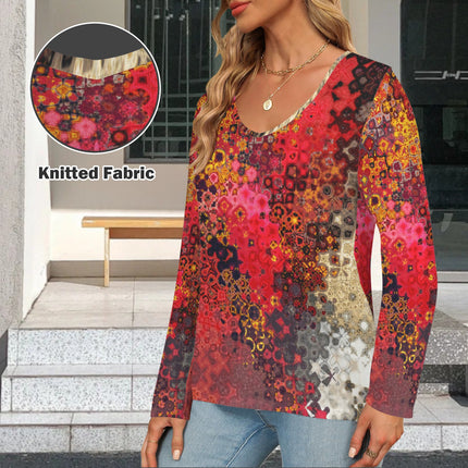 V Neck Long Sleeve Sweater Red Multi Mosaic