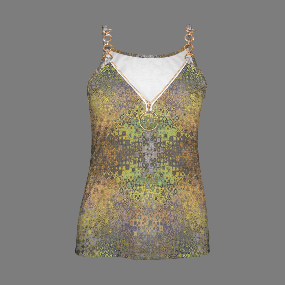 V Neck Chain Cami Peacock Feathers Green Ombre