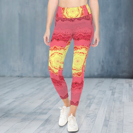 High Waist Pockets Yoga Leggings Red & Yellow Medallion