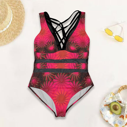 V Neck Mesh One Piece Swimsuit Fuchsia Medallion