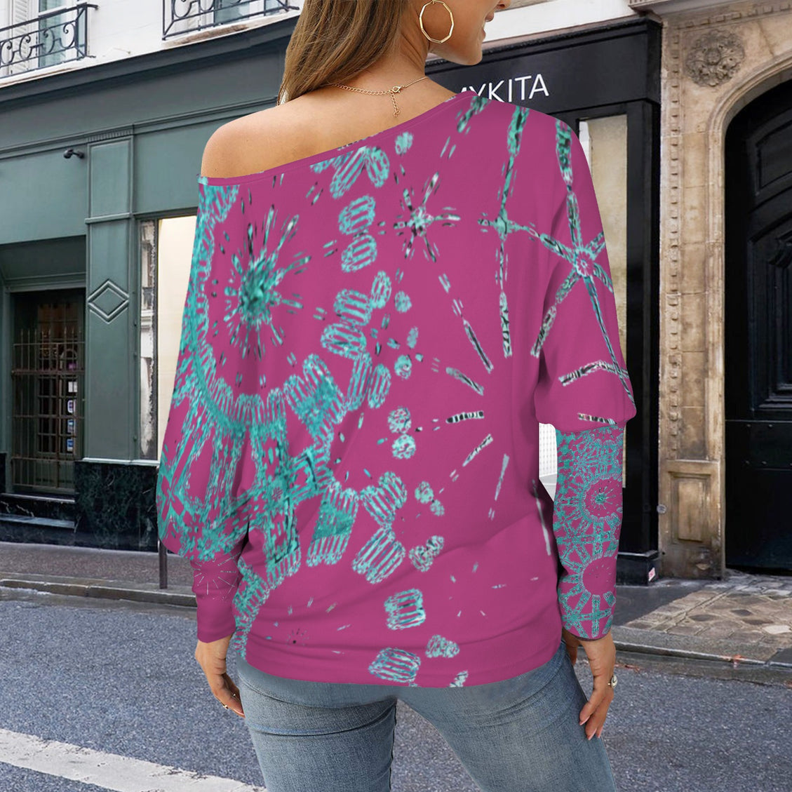 Batwing Long Sleeve Top Cranberry and Turquoise Graphic