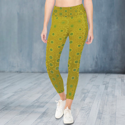 High Waist Pockets Yoga Leggings Green & Gold Lake Reflections