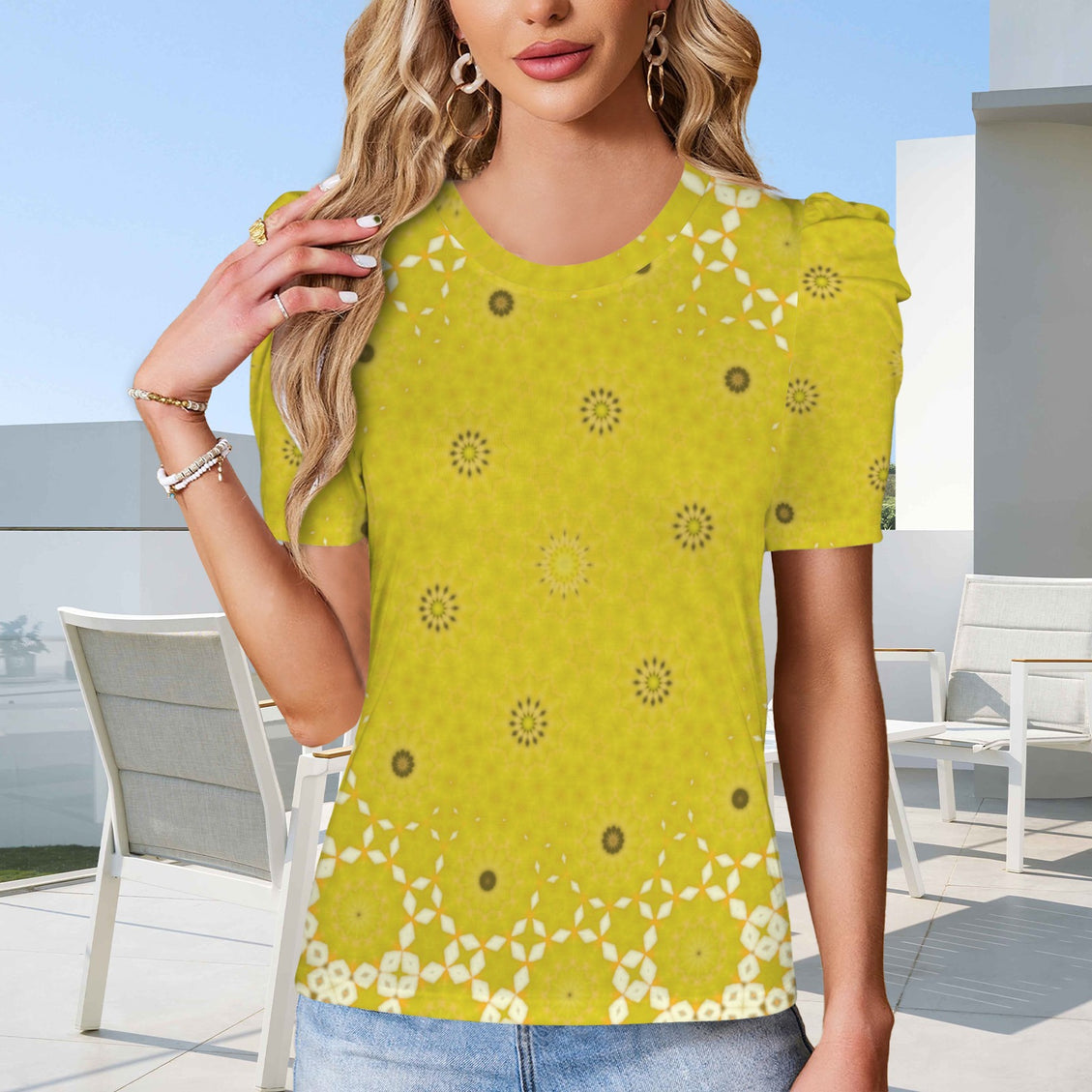 Puff Sleeve T-Shirt Chartreuse Fall Leaves