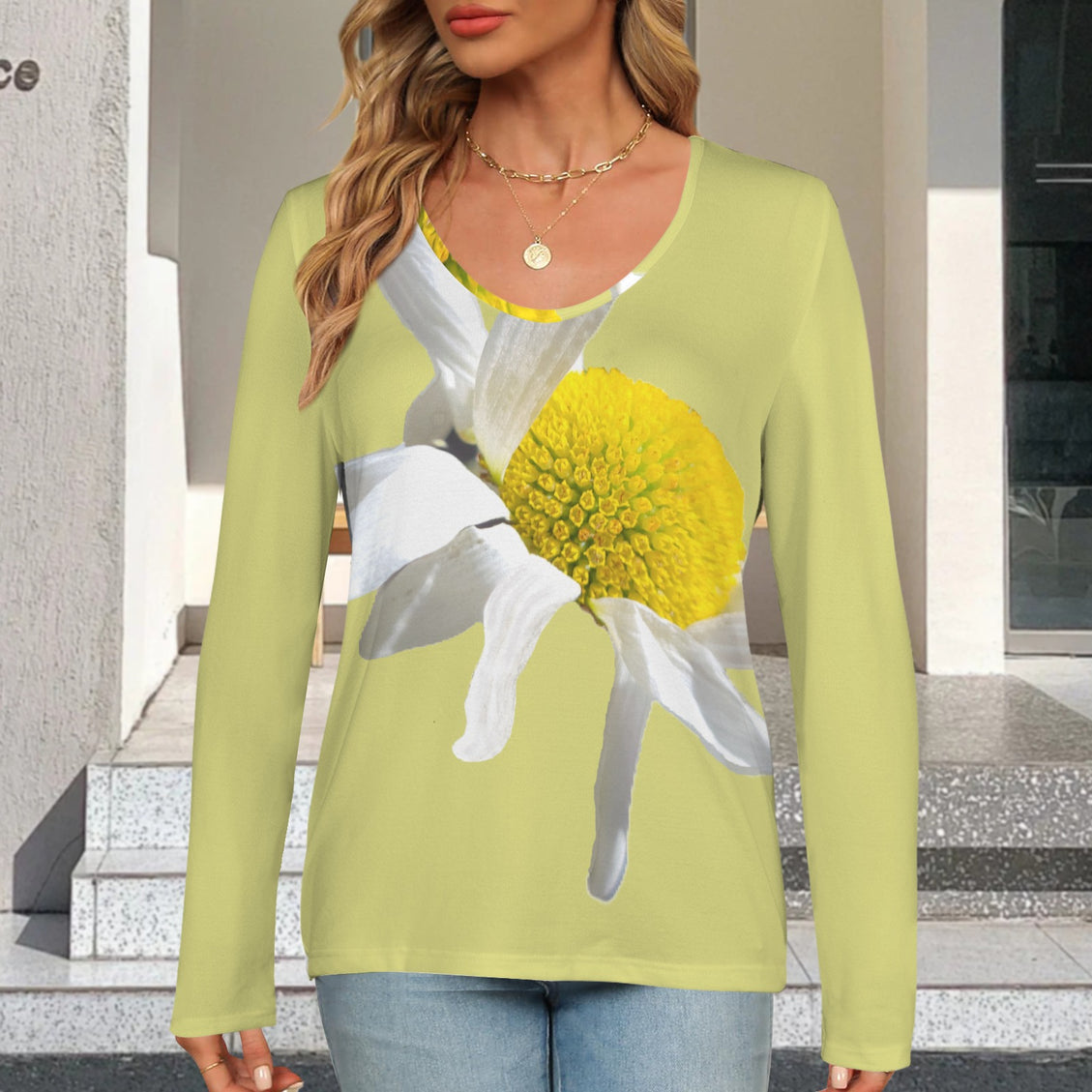 V Neck Long Sleeve Sweater Daisy Chartreuse