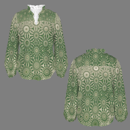 V Neck Long Sleeve Blouse Green Starburst