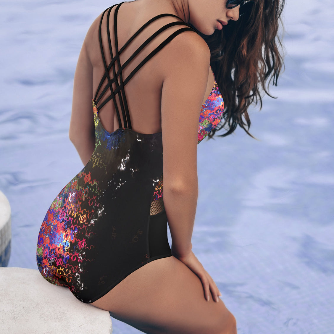 V Neck Mesh One Piece Swimsuit Glass Multi Black Bottom