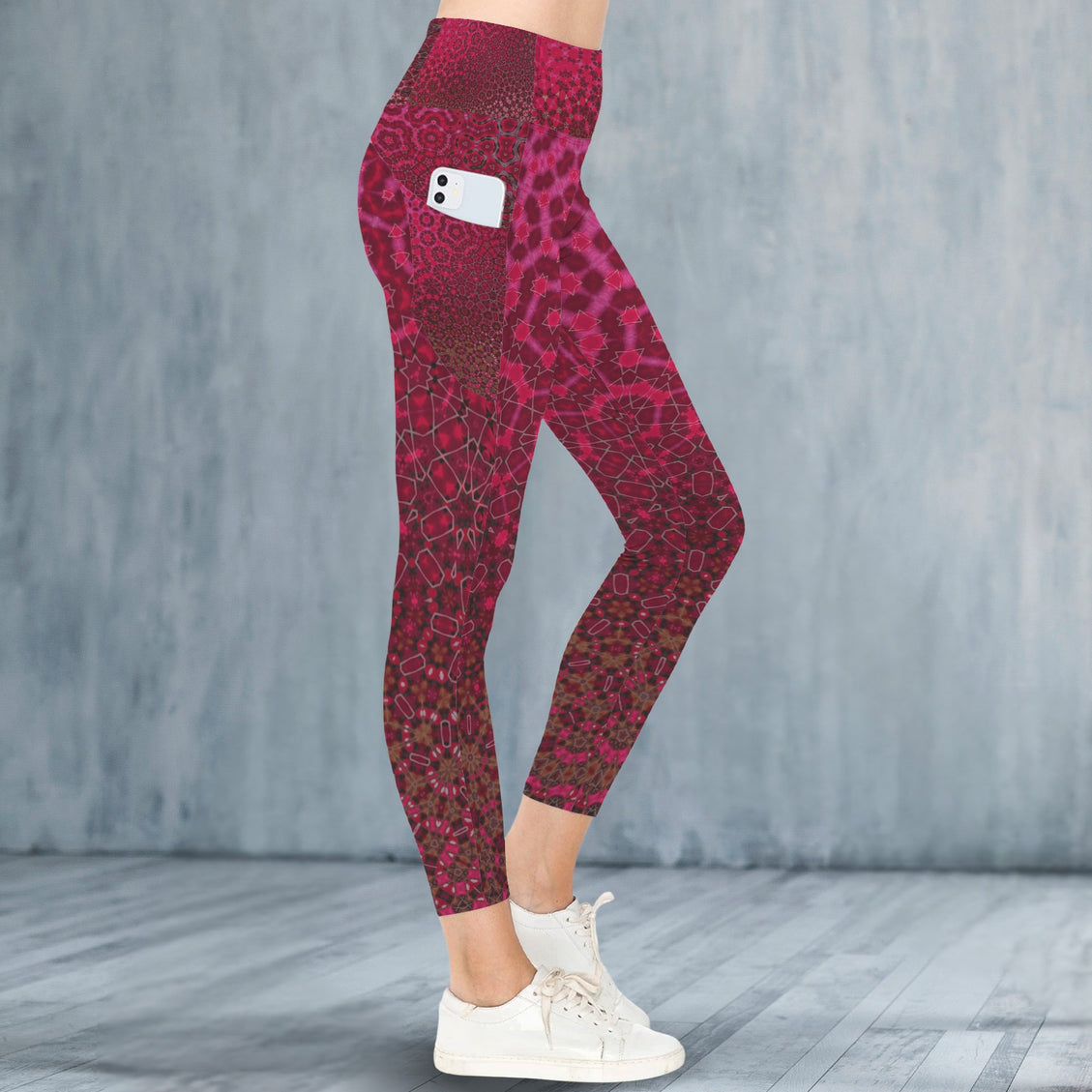 High Waist Pockets Yoga Leggings Red Leaves Abstract