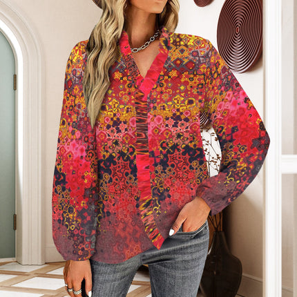 Long Sleeved Ruffled Blouse Red Multi Mosaic