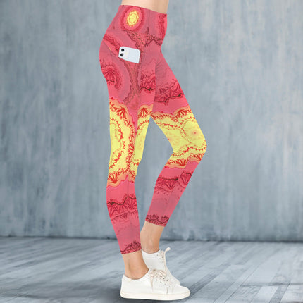 High Waist Pockets Yoga Leggings Red & Yellow Medallion