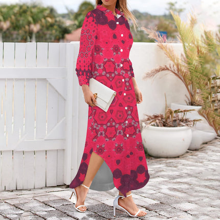 Long Sleeve Shirt Dress Hollyhocks Geometric