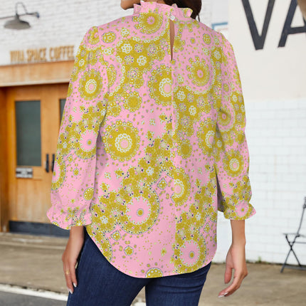 Ruffled Long Sleeve Mock Neck Blouse Pink and Gold