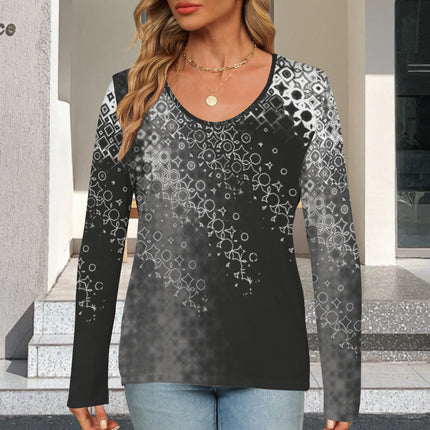 V Neck Long Sleeve Sweater Black and White Abstract