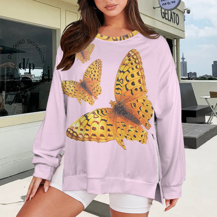 Crew Neck Long Sleeve Side Zip Sweatshirt Butterfly