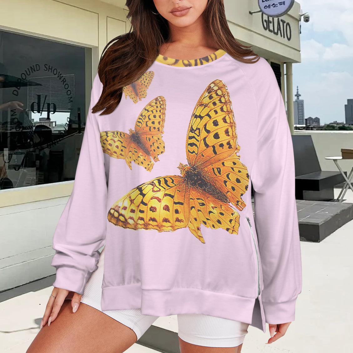 Crew Neck Long Sleeve Side Zip Sweatshirt Butterfly