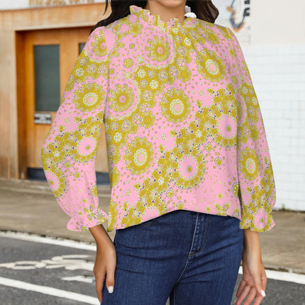 Ruffled Long Sleeve Mock Neck Blouse Pink and Gold