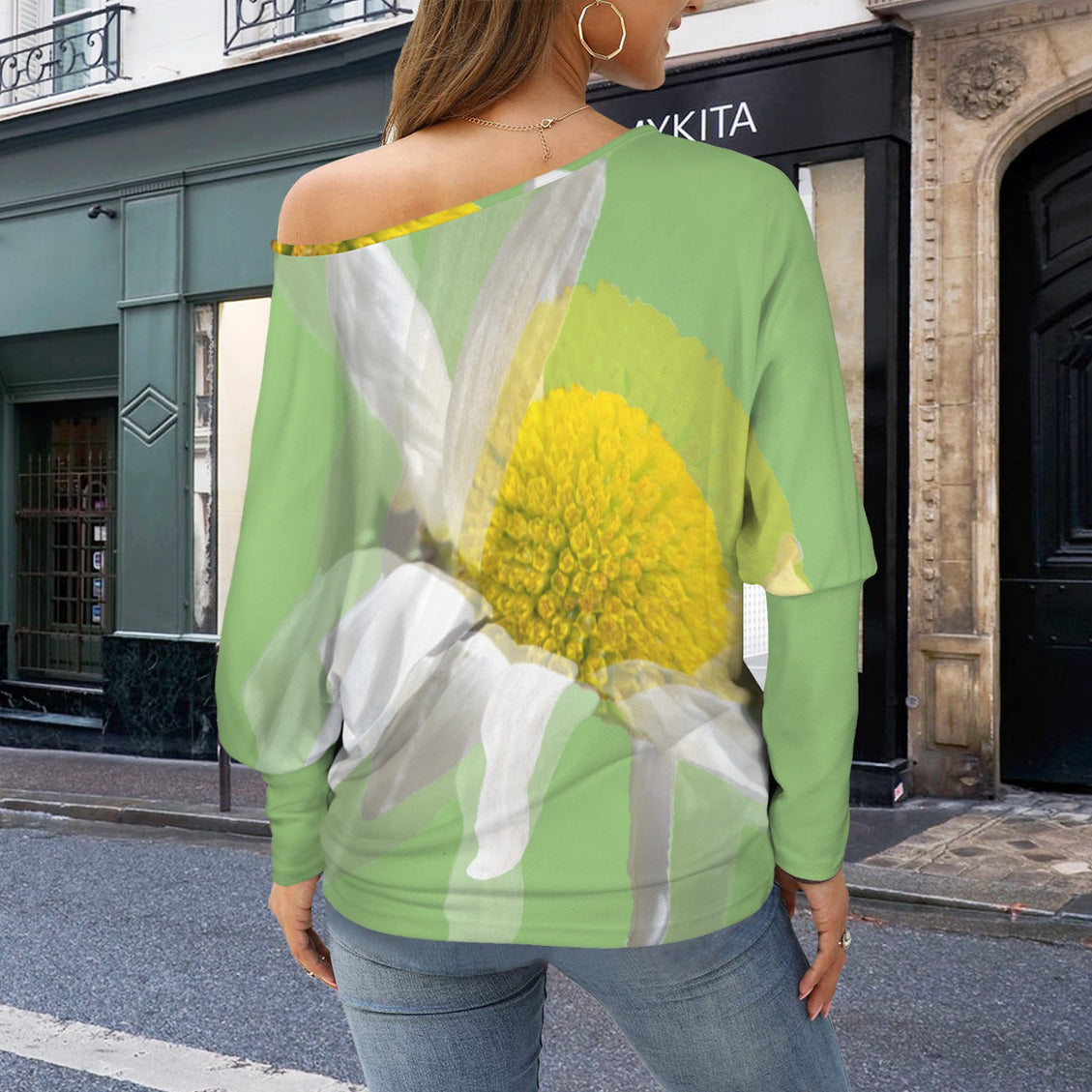 Batwing Long Sleeve Sweater Daisy Watercolor Green