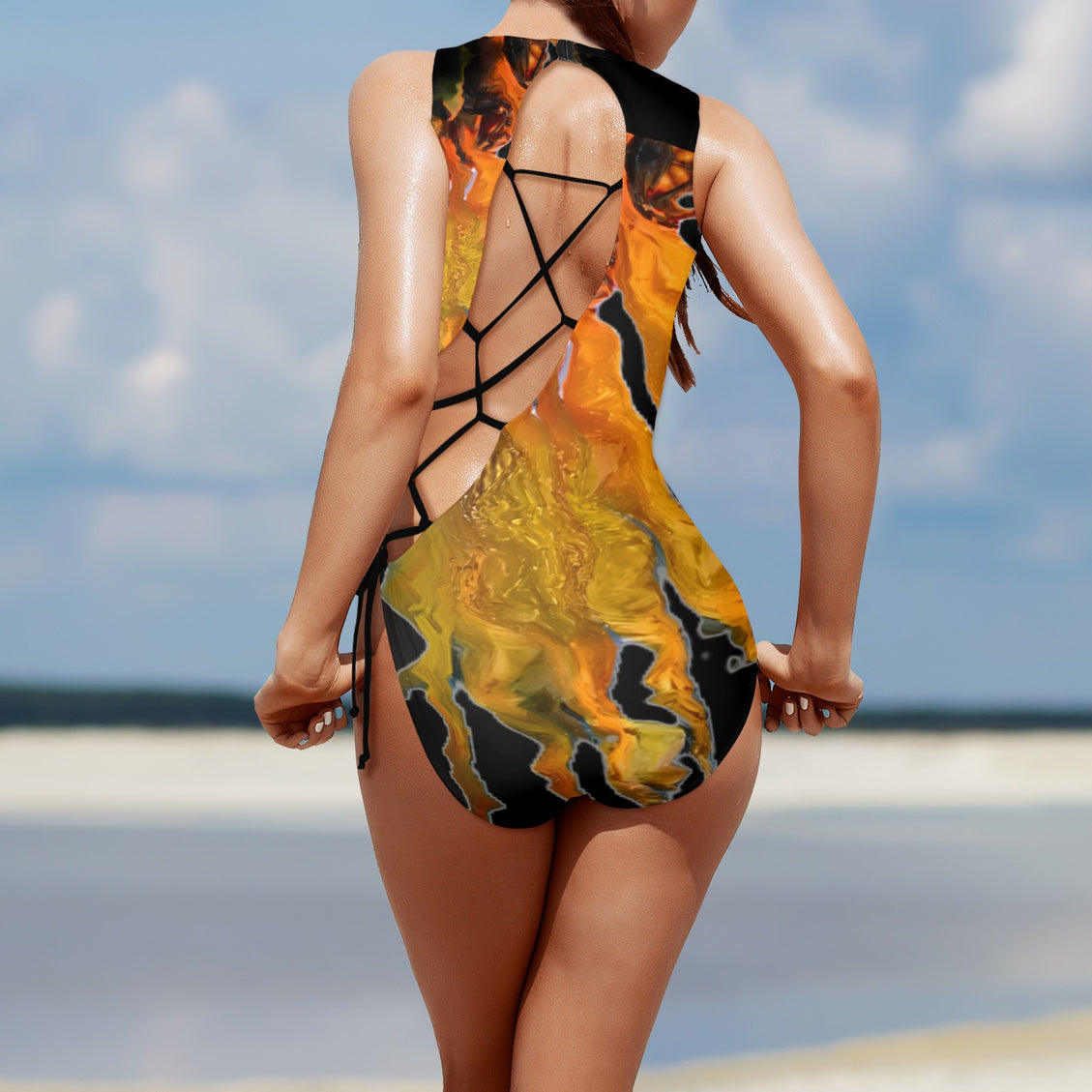 Tie Back Lace Up One Piece Swimsuit MIdnight Sunflower Black