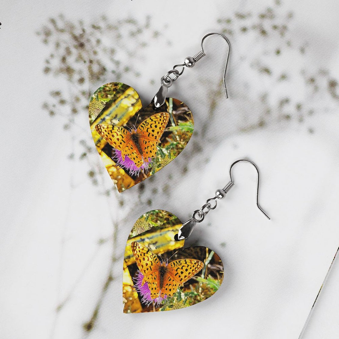 Wooden Heart Earrings Butterfly on Thistle