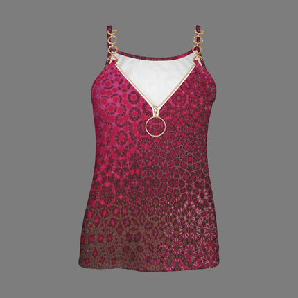 V Neck Chain Cami Red Leaves