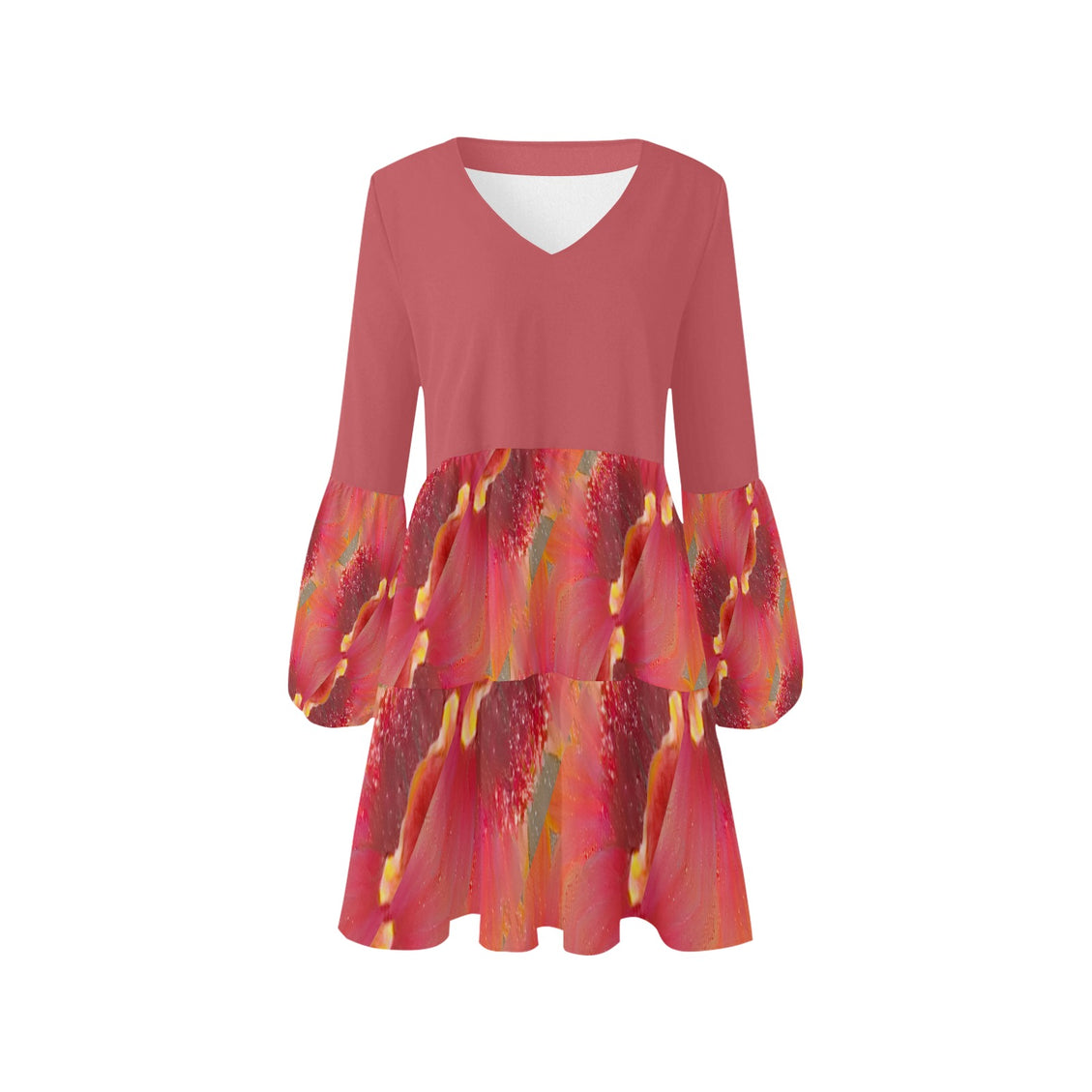 V Neck Flowy Dress Indian Blanket Flower Coral Pink