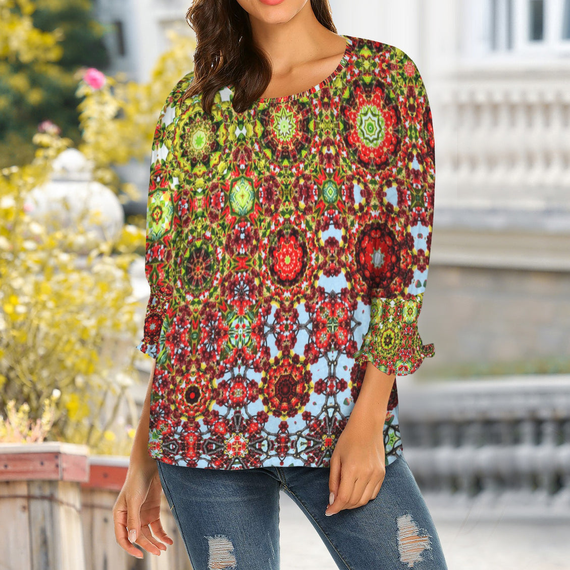 Crew Neck Pleated Sleeve T-Shirt Buffalo Berries Multi