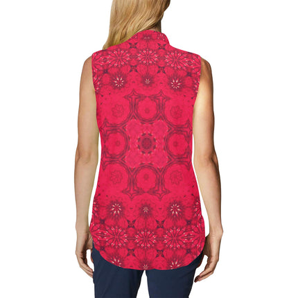 Bow Tie V Neck Sleeveless Blouse Red Hollyhocks