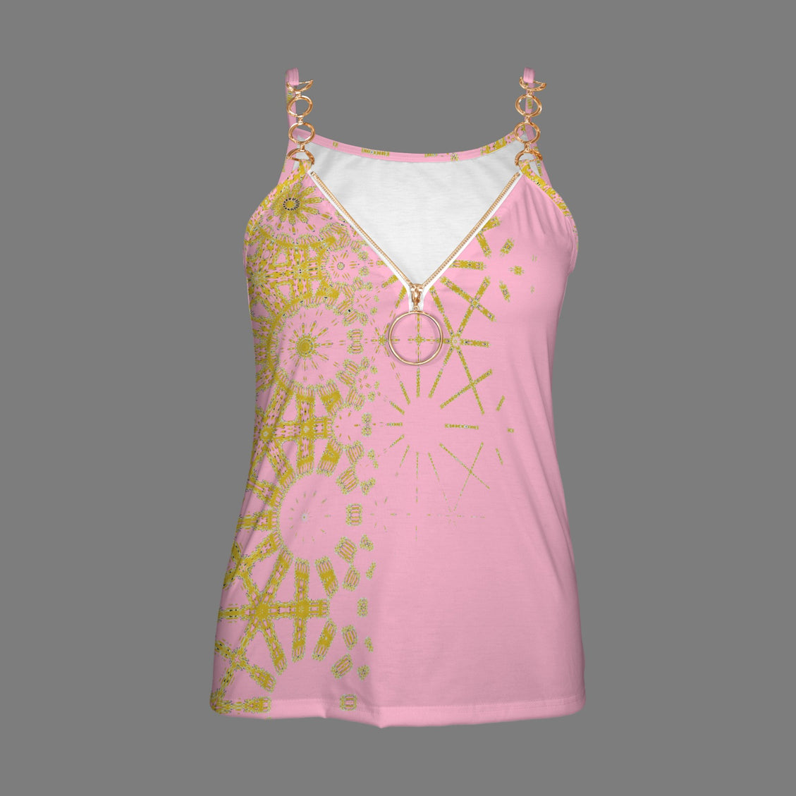 V Neck Chain Cami Sunflower Graphic Pink and Gold