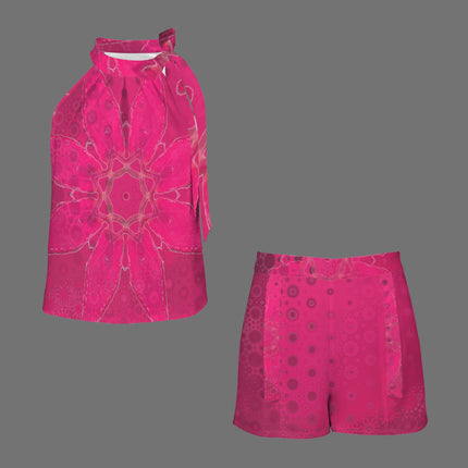 Ruched Sleeveless Tie Top and Shorts Set Red Leaves Fuchsia Watercolor