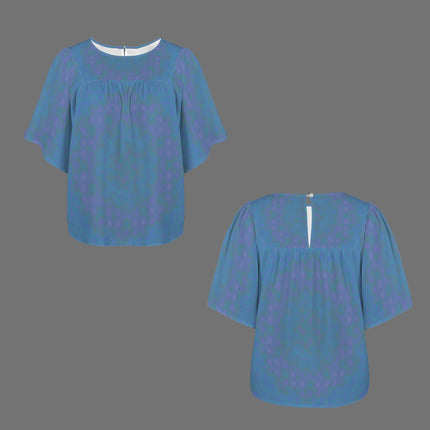 Bell Sleeve Blouse Blue Watercolor