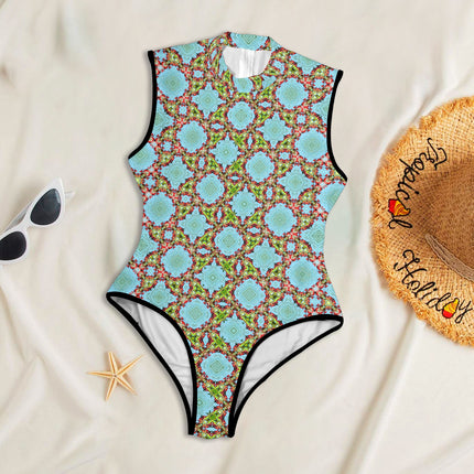 One Piece Back Zip Swimsuit Buffalo Berries Blue Abstract