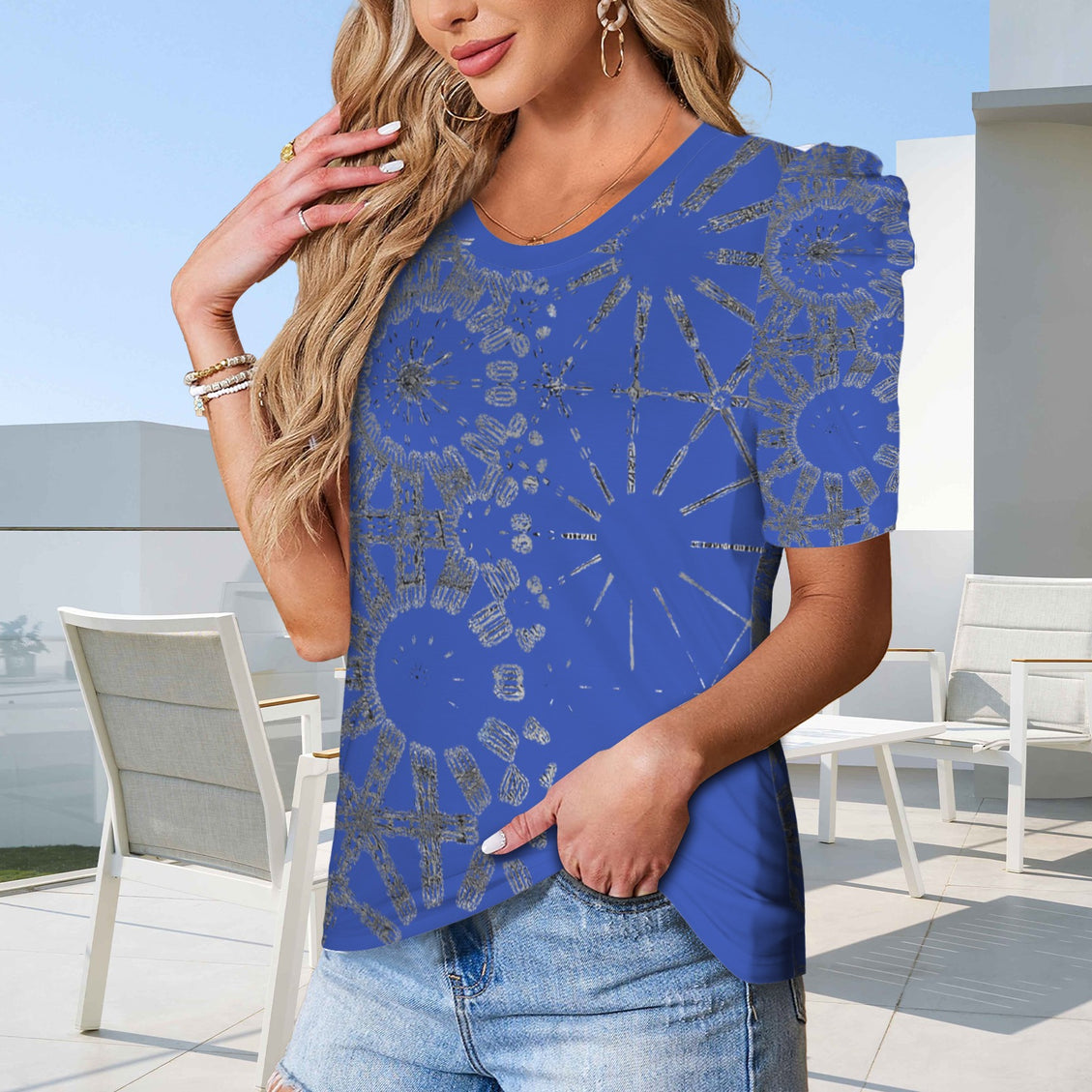 Puff Sleeve T-Shirt Blue and Silver Metallic Graphic