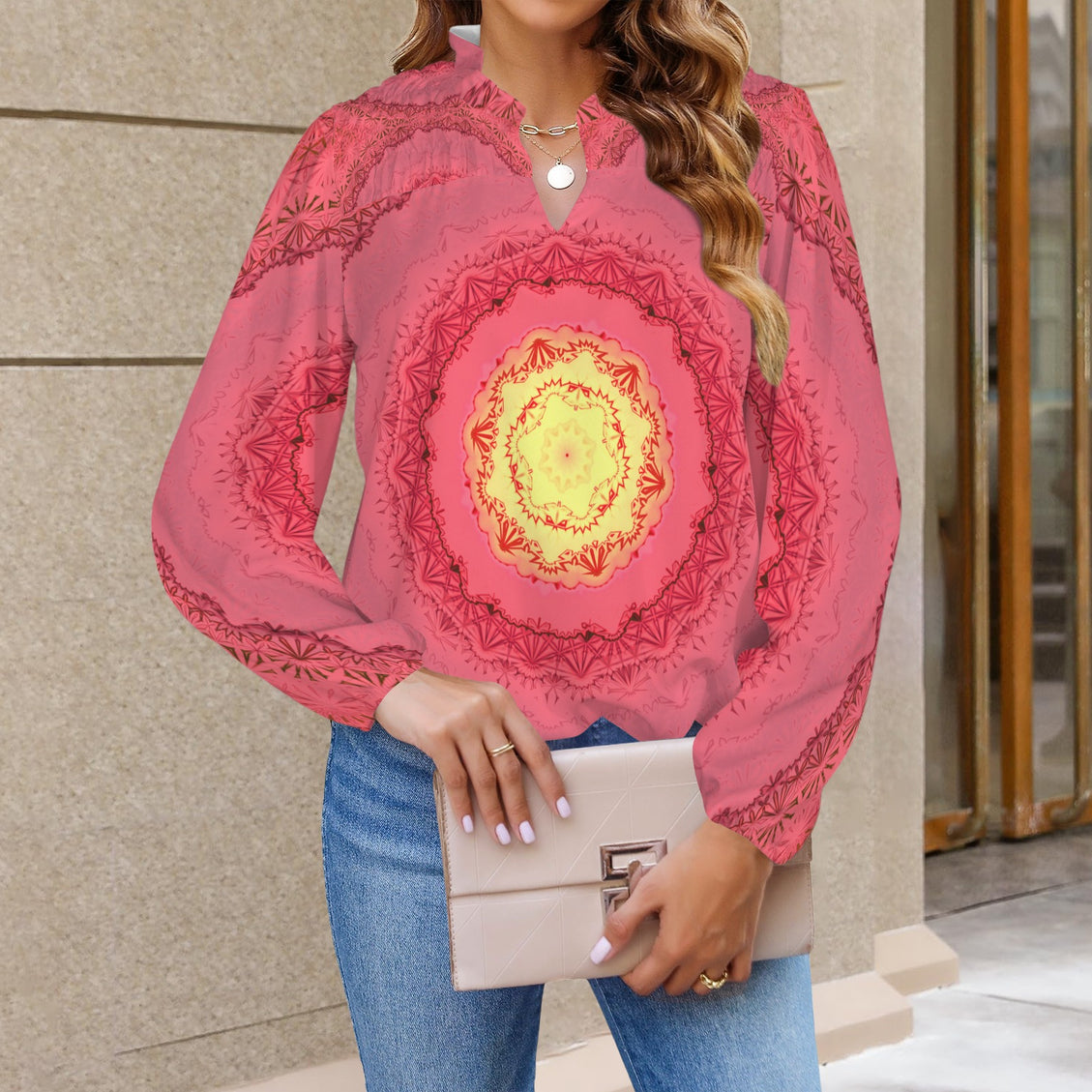 V Neck Pleated Long Sleeve Blouse Red Yellow Medallion