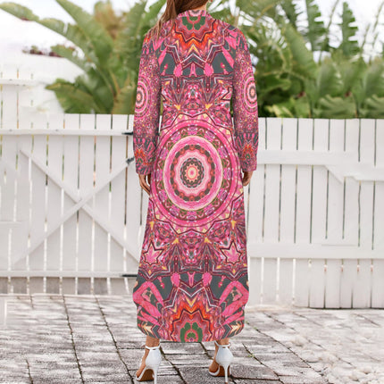 Long Sleeve Shirt Dress Pink Gray Medallion