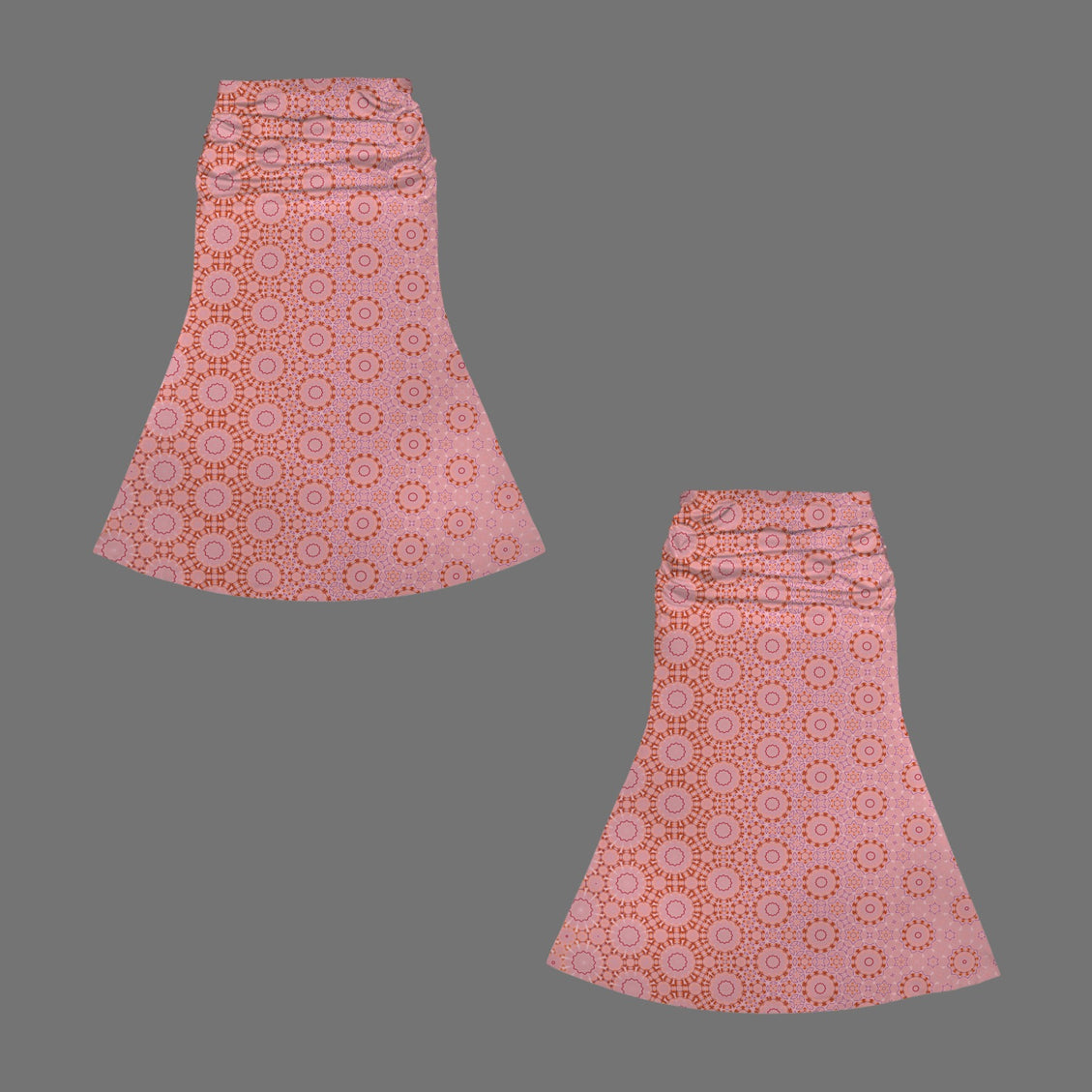 Ruched HIgh Waist Maxi Skirt Pink Coral Geometric