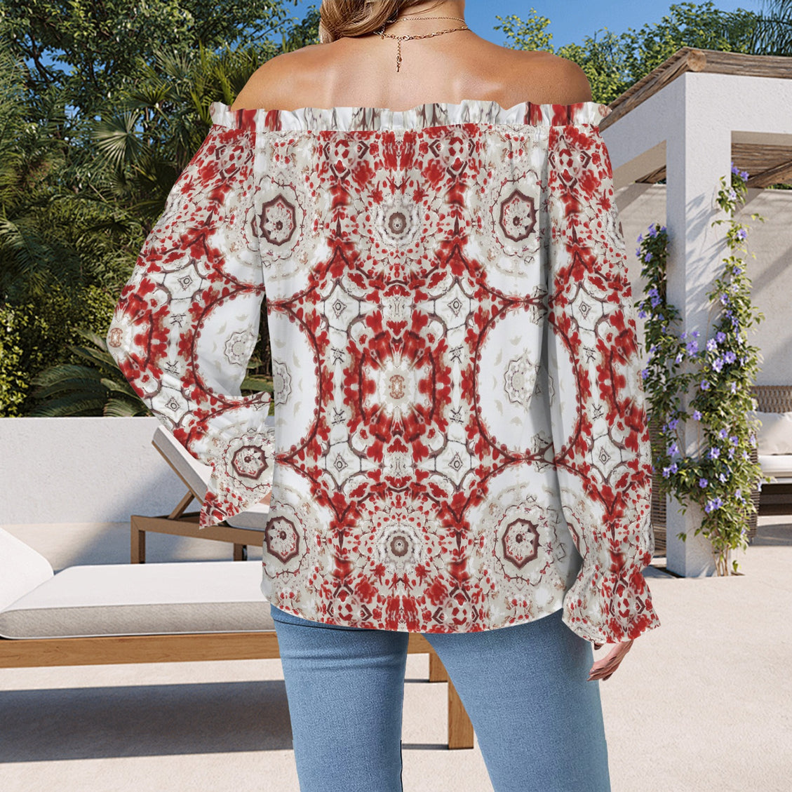 Off Shoulder Lantern Sleeve Blouse Frosty Buffalo Berries