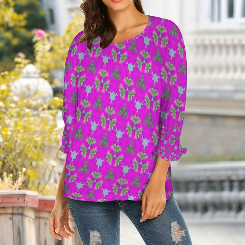 Crew Neck Pleated Sleeve T-Shirt Fuchsia