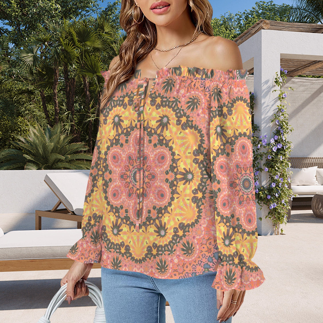 Off Shoulder Lantern Sleeve Blouse Apricot and Gold