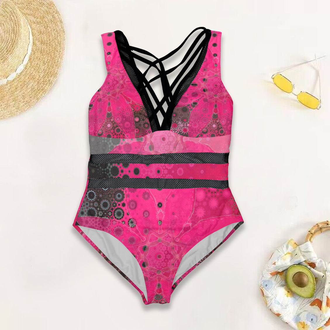 V Neck Mesh One Piece Swimsuit Red Leaves Watercolor