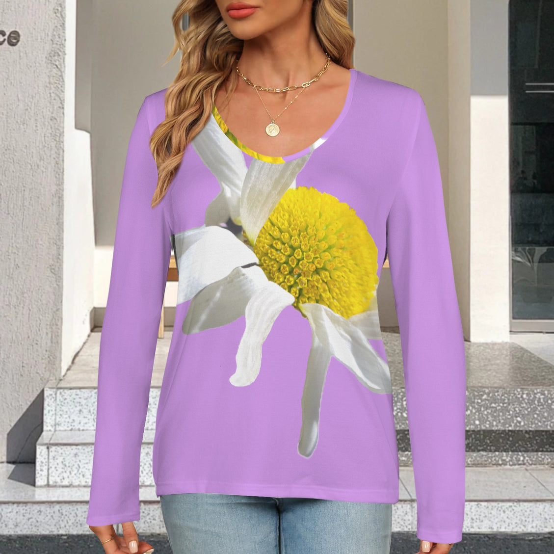 V Neck Long Sleeve Sweater Daisy Lavendar