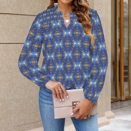 V Neck Pleated Long Sleeve Blouse Blue and Gold