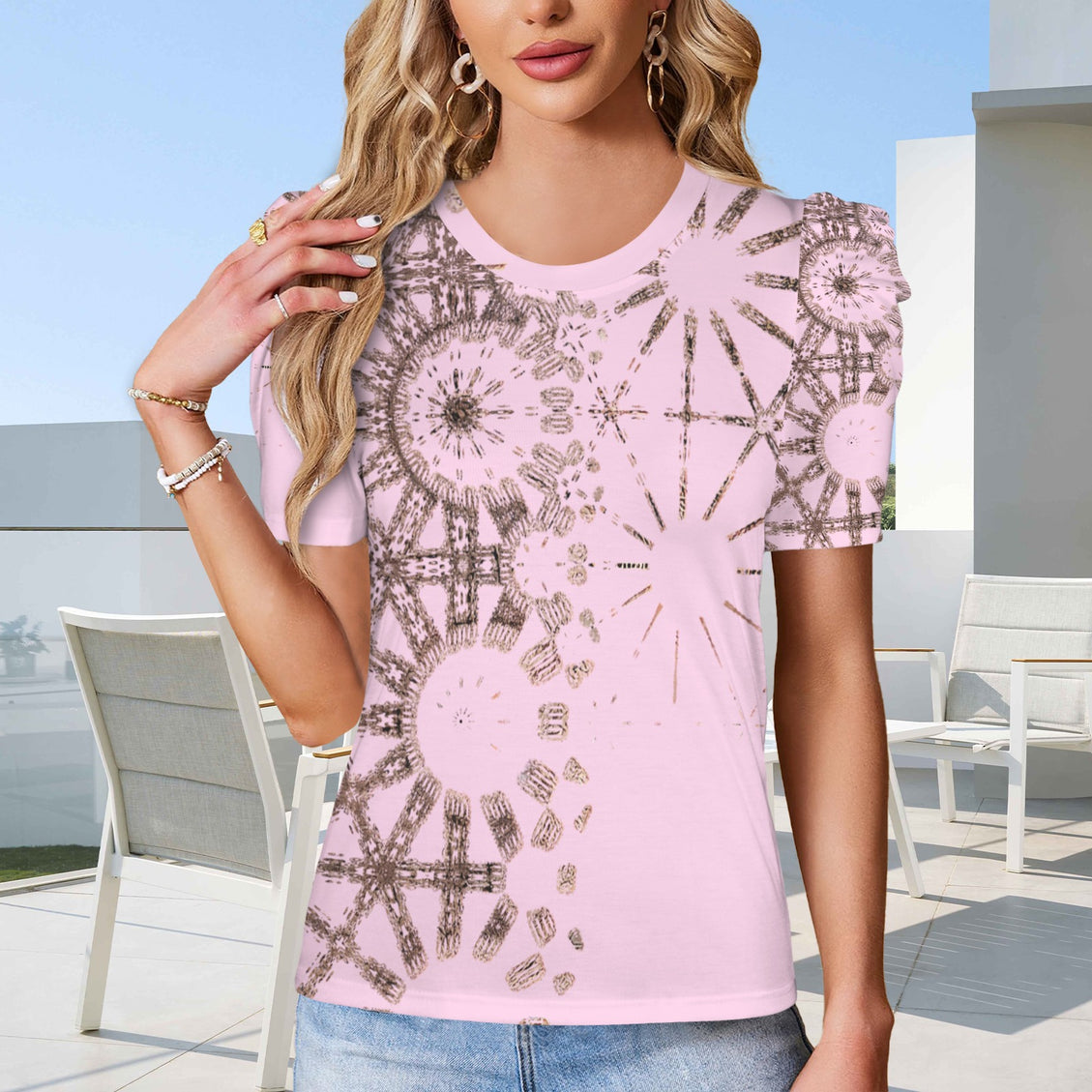 Puff Sleeve T-Shirt Pink and Copper Metallic Graphic