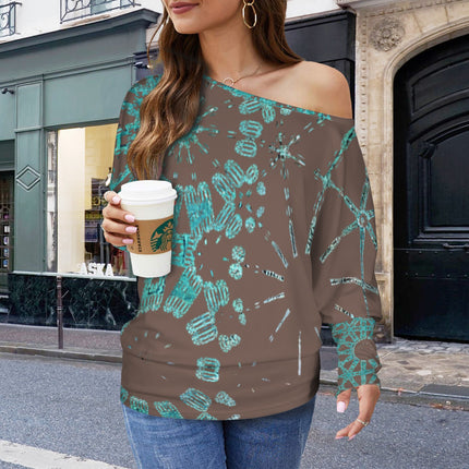 Batwing Long Sleeve Top Chocolate and Turquoise Graphic