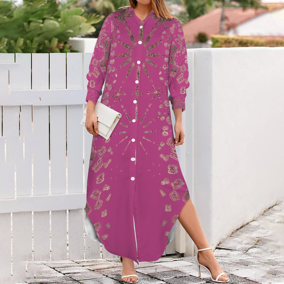 Long Sleeve Shirt Dress Cranberry and Copper Graphic