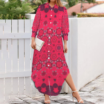 Long Sleeve Shirt Dress Hollyhocks Geometric